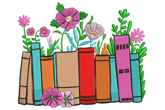 Floral Book Stack Embroidery Design