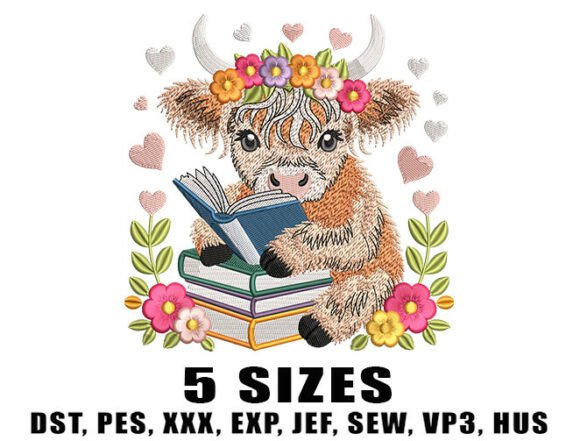 Floral Books Cow Embroidery Design